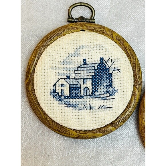 Vintage Dutch Cross Stitch Art Mini Framed Folk Scenes Blue Embroidery Set of 2 - Picture 4 of 7
